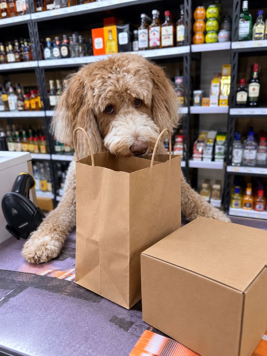 Chloe, a golden doodle, peeking over a paper bag on the counter next to a delivery box, checking the order