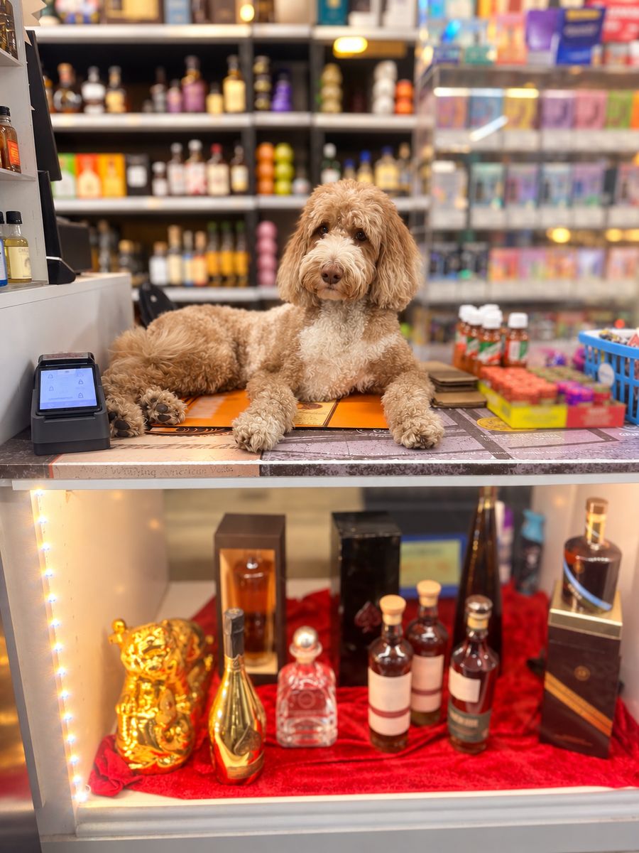 Chloe lying on the store counter, looking at the camera